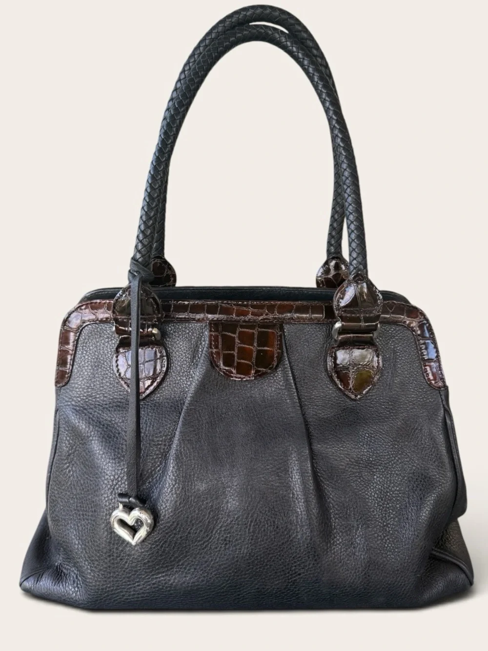 Brighton Black Pebbled Leather Satchel | Croc Embossed Trim | Heart Charm